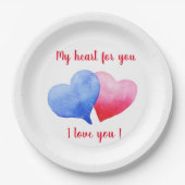 私はあなたを愛する水色の赤と青のハート ペーパープレート (正面)