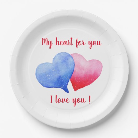 私はあなたを愛する水色の赤と青のハート ペーパープレート (正面)