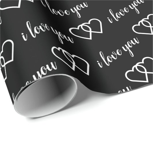 私はあなたを愛する白黒ハートパターンタイポグラフィ ラッピングペーパー (ロールコーナー)