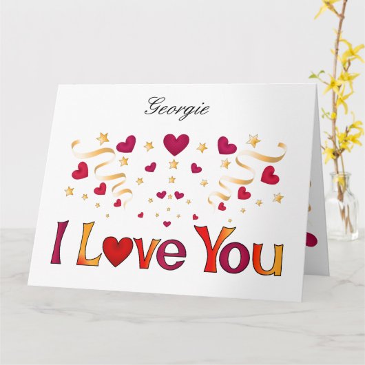 私はあなたを愛する赤いハート金ゴールドリボンヴィンテージバレンタイン カード (黄色い花)