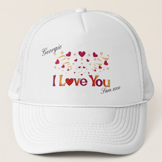 私はあなたを愛する赤いハート金ゴールドリボンヴィンテージバレンタイン キャップ (正面)