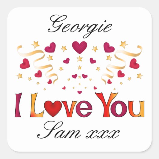 私はあなたを愛する赤いハート金ゴールドリボンヴィンテージバレンタイン スクエアシール (正面)