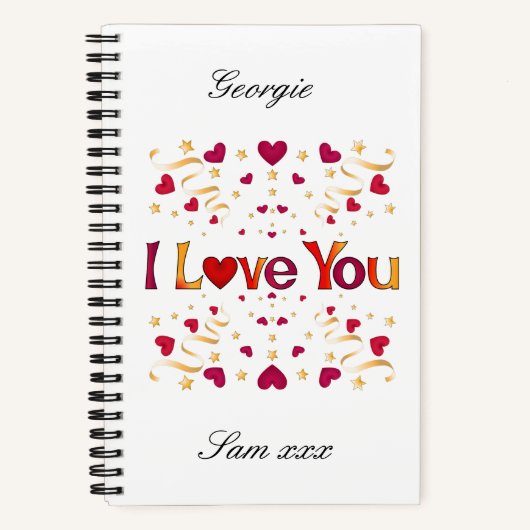 私はあなたを愛する赤いハート金ゴールドリボンヴィンテージバレンタイン ノートブック (正面)
