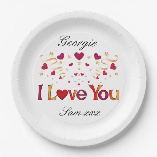 私はあなたを愛する赤いハート金ゴールドリボン結婚バレンタイン ペーパープレート (正面)