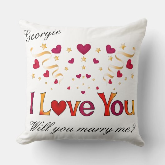 私はあなたを愛する赤いハート金ゴールドリボン結婚提案 クッション (正面)