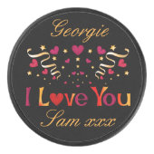 私はあなたを愛する赤いハート金ゴールドヴィンテージバレンタインブラック アイスホッケーパック (正面)