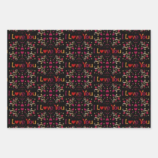 私はあなたを愛する赤いハート金ゴールドヴィンテージバレンタインブラック ラッピングペーパーシート (正面3)