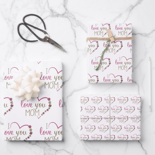 私はあなたを愛ママ引用文ピンクグリッターハート ラッピングペーパーシート (正面)