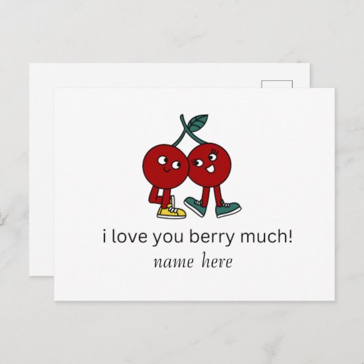 私はおもしろいあなたのベリーが大好き可愛い漫画のカップル シーズンポストカード (正面/裏面)