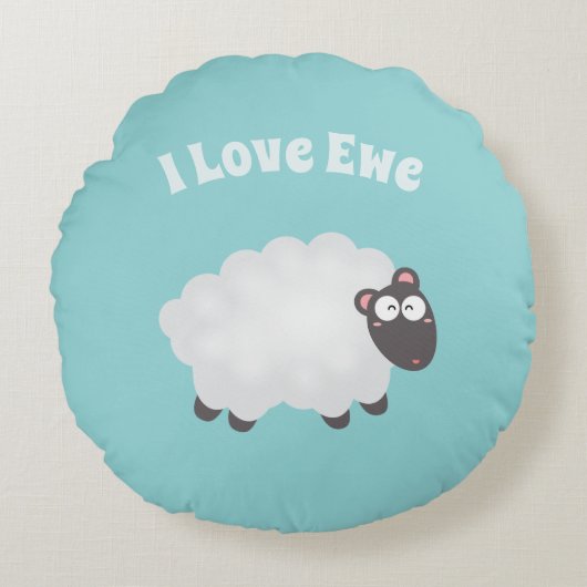 私はおもしろいかわいい毛ふわふわの白い羊が大好きお洒落 ラウンドクッション (正面)