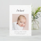 私はここにいるベビーフォト金ゴールドドット誕生 案内状 (スタンド正面)