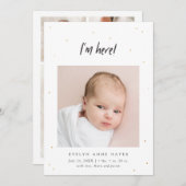 私はここにいるベビーフォト金ゴールドドット誕生 案内状 (正面/裏面)