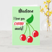私はさくらんぼが大好きパーソナライズされた、さくらんぼ カード (黄色い花)
