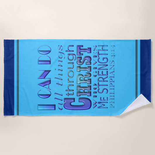 私はすべての事をChrist Blue文字を介して行うことができる ビーチタオル (正面)