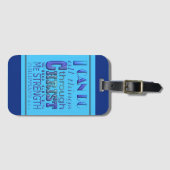 私はすべての事をChrist Blue文字を介して行うことができる ラゲッジタグ (正面横)