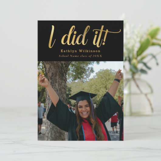 私はそれを金ゴールドはっきりしたスクリプトおもしろいの卒業 招待状 (スタンド正面)