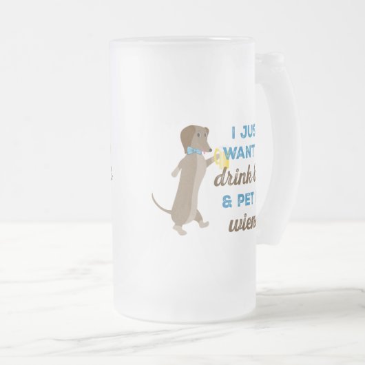 私はちょうどビールを飲み及び私のウインナーをかわいがりたいと思います フロストグラスビールジョッキ (正面右)