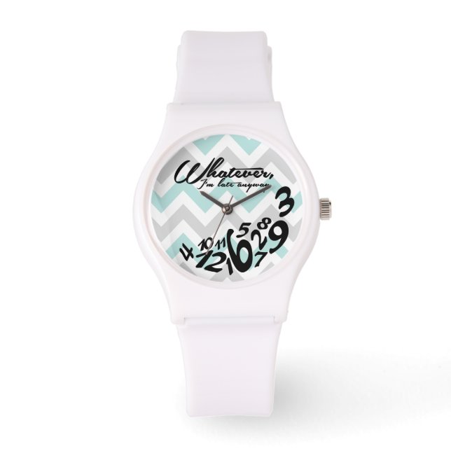 私はとにかく遅れている – 青と灰色のシェブロン 腕時計 (正面)