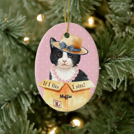 私はもしフィット、私は座る – ボックスCの白黒の子猫 セラミックオーナメント (ツリー)