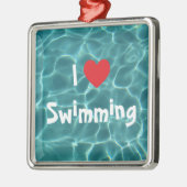 私はアクアプールウォーターとスイミング赤いハートが大好き メタルオーナメント (左)