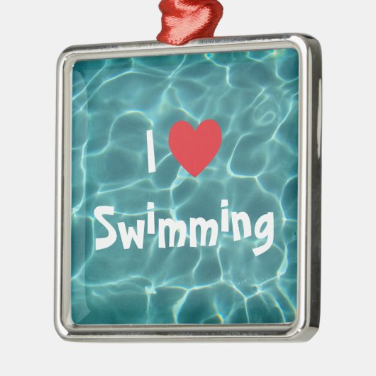 私はアクアプールウォーターとスイミング赤いハートが大好き メタルオーナメント (左)
