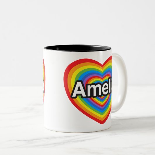 私はアメリアを愛します。 私はアメリア愛します。 ハート ツートーンマグカップ (正面右)