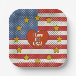 私はアメリカが大好き – 赤、白、青のポルカドット国旗 ペーパープレート