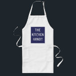私はキッチンの手>エプロンのおもしろい諺 ロングエプロン<br><div class="desc">テクストンブルーの背景ユーモアのあるを持つロングホワイトエプロン「キッチンハンド」</div>