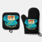 私はキャンパーのまわりにヴァンキャンピングエクスプローラー自然 鍋つかみ&鍋敷きセット (正面)