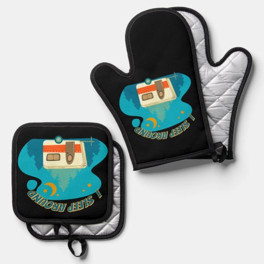 私はキャンパーのまわりにヴァンキャンピングエクスプローラー自然 鍋つかみ&鍋敷きセット (正面/裏面)