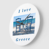 私はギリシャのタベルナ写真の青と白が大好き ラージ壁時計 (傾斜)