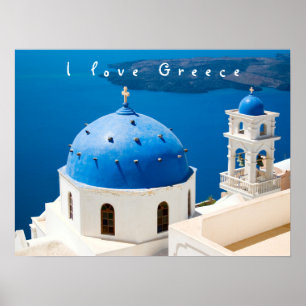 私はギリシャ教会サントリーニ青い写真と文字が大好き ポスター