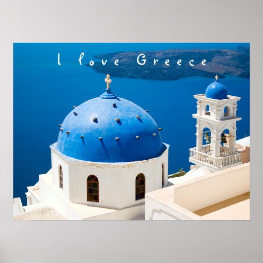 私はギリシャ教会サントリーニ青い写真と文字が大好き ポスター (正面)