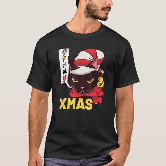 私はクリスマスおもしろい可愛い怒黒猫顔Pが大嫌い Tシャツ (正面)