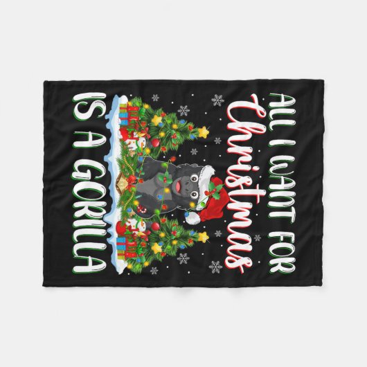 私はクリスマスにゴリラのクリスマスツリーのライトが欲しい フリースブランケット (正面(横))