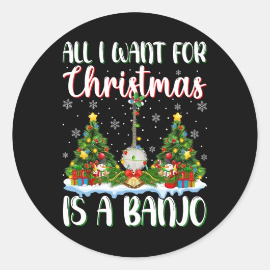 私はクリスマスに欲しいのはバンジョクリスマスツリーのライトだ ラウンドシール (正面)