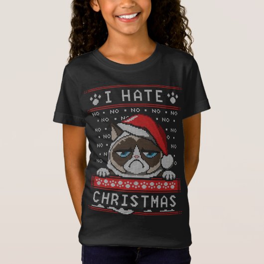 私はクリスマスのおもしろい怒猫の醜いクリスマスセーターが大嫌い Tシャツ (正面)