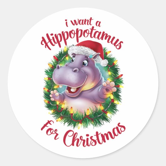 私はクリスマスのカバのクリスマスHippo ラウンドシール (正面)