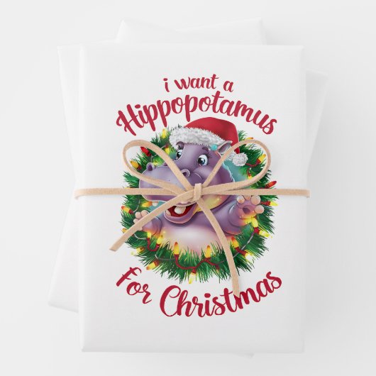 私はクリスマスのカバのクリスマスHippo ラッピングペーパーシート (インサイチュ)