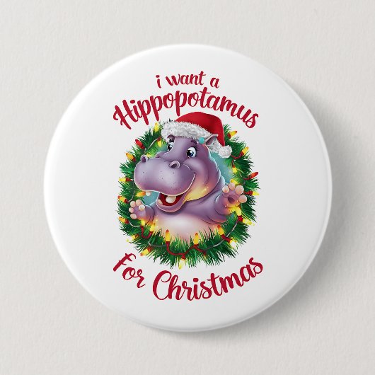 私はクリスマスのカバのクリスマスHippo 缶バッジ (正面)