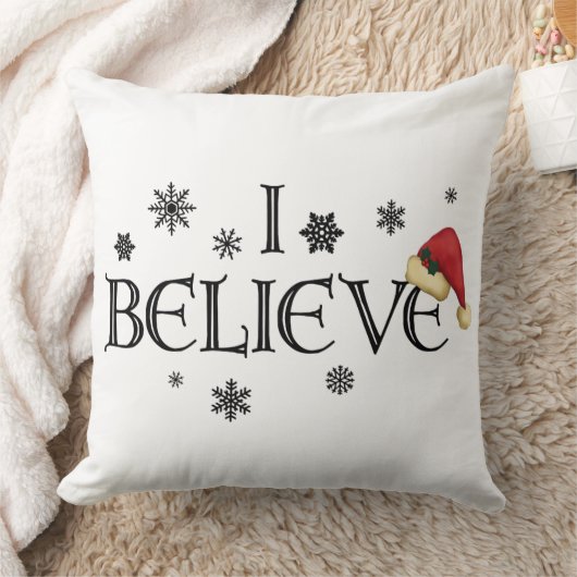 私はクリスマスの枕雪片及びサンタの帽子を信じます クッション (ブランケット)