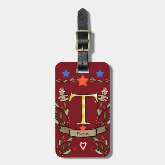 私はクリスマス・モノグラム「T」の旅行で名前を付けている ラゲッジタグ (正面縦)