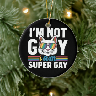 私はゲイじゃない、スーパーゲイだ LGBT ゲイ プライド 猫 セラミックオーナメント