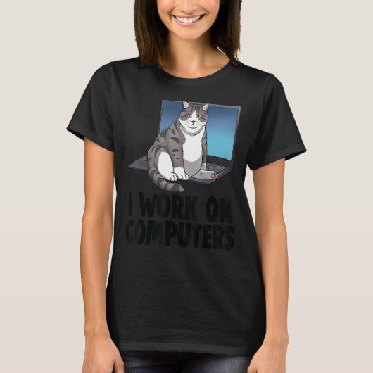 私はコンピューターで猫ネコ猫を飼っている Tシャツ (正面)