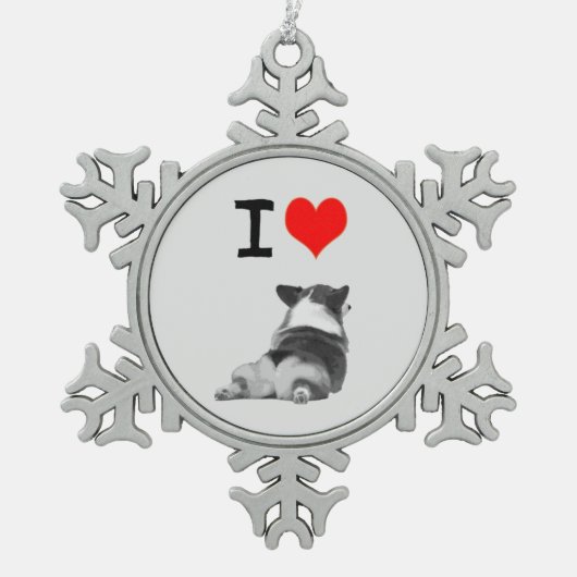 私はコーギーの休日のオーナメントを愛します スノーフレークピューターオーナメント (正面)