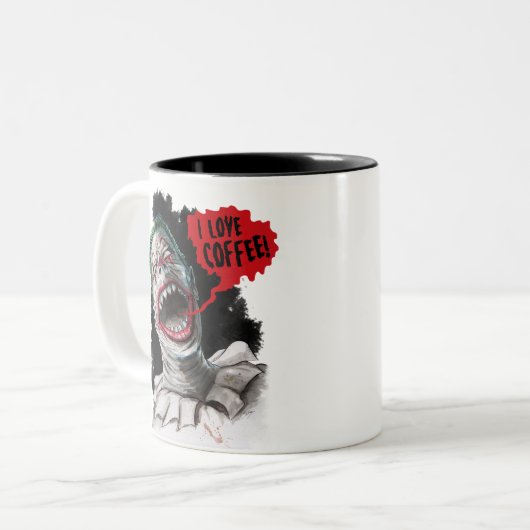 私はコーヒー熱狂するな笑うゾンビのピエロを愛します ツートーンマグカップ (正面左)