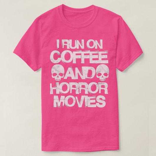 私はコー走ヒーとホラー映画が面白いハロウィーンを楽しむ Tシャツ (デザイン正面)