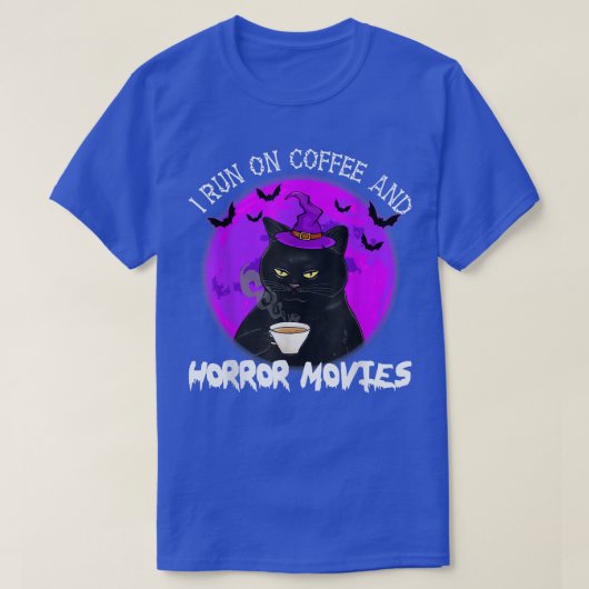 私はコー走ヒーとホラー映画ハロウィンコーヒーを飲んでいる Tシャツ (デザイン正面)