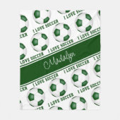 私はサッカー文字柄の女の子の緑の白が大好き フリースブランケット (正面)