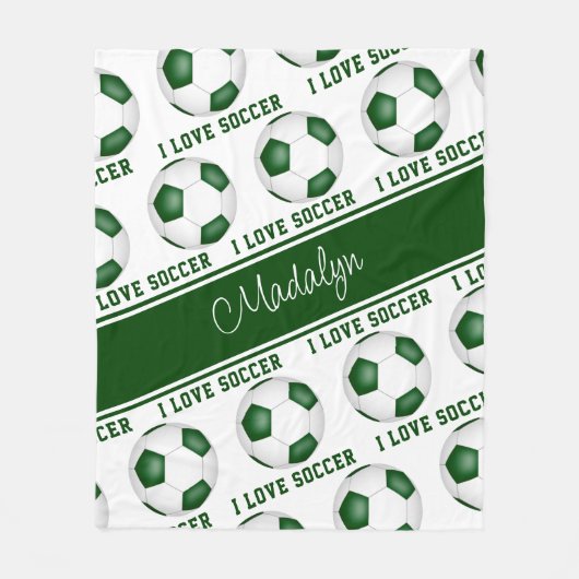 私はサッカー文字柄の女の子の緑の白が大好き フリースブランケット (正面)